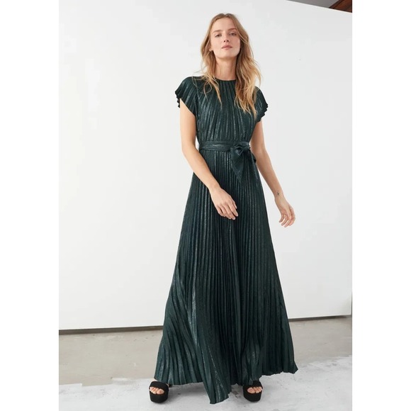 & Other Stories Dresses & Skirts - & Other Stories Womens Green Shimmer Pleated Maxi Dress Size 4 Holiday NEW